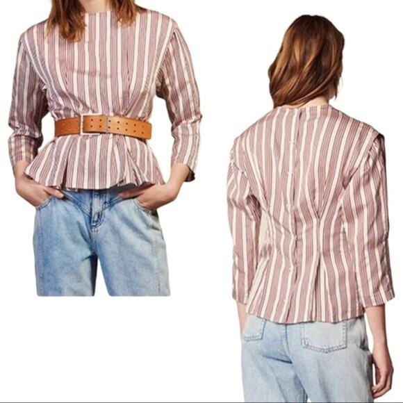 Sandro Long Sleeve Striped Women's Flared Hem Blouse Bordeaux Size 34 - Picture 1 of 11